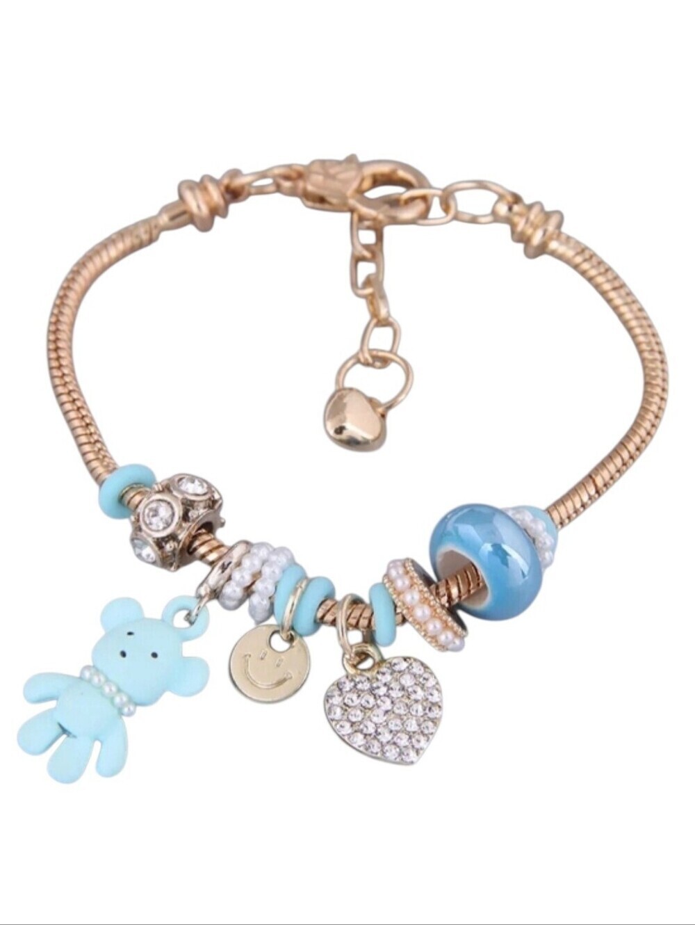 Heart and Teddy Bear Charm Bracelet Blue Zircon Heart Charm - Picture 1 of 9
